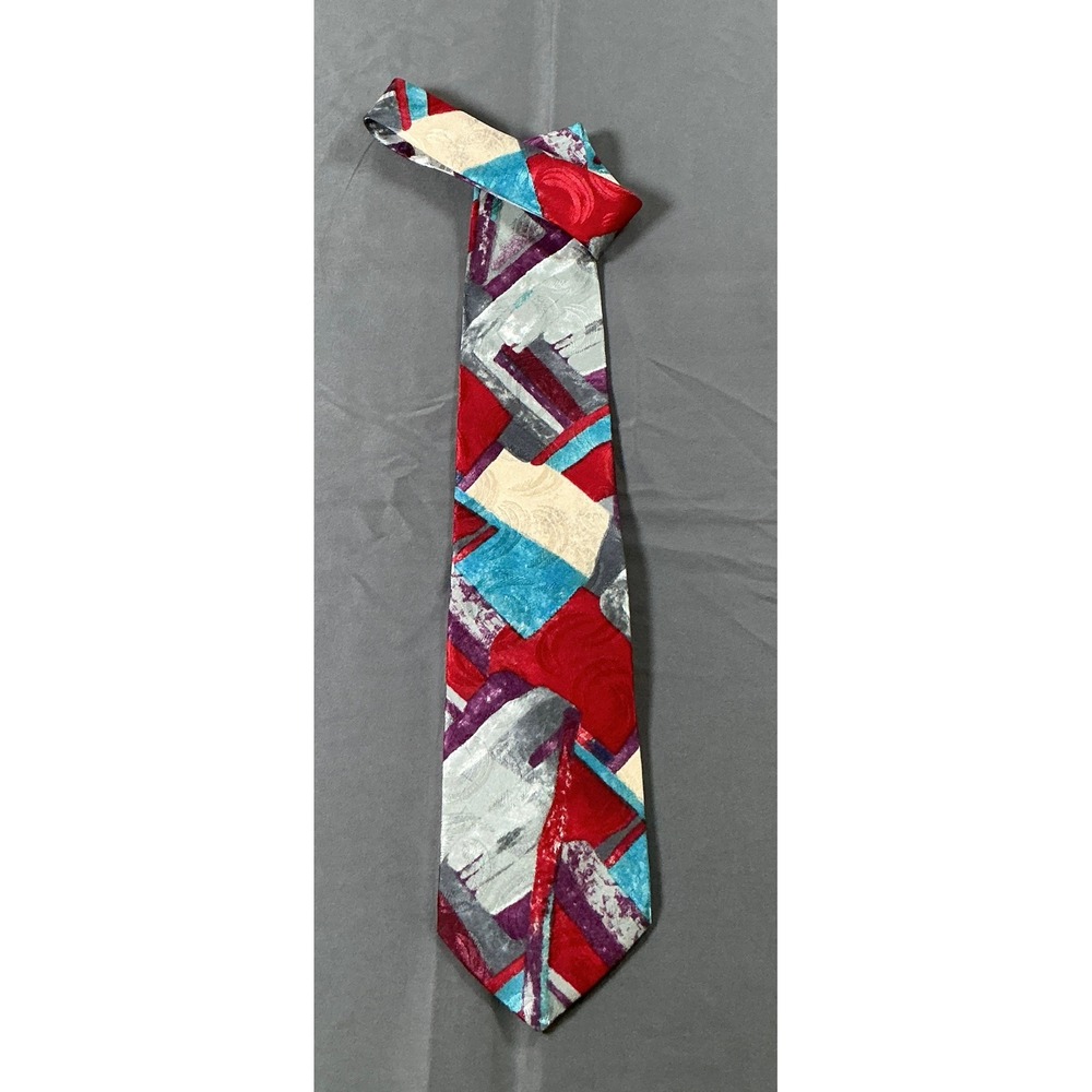 Designer Collection Mens Abstract Geometric Microfiber Necktie Red Teal USA
